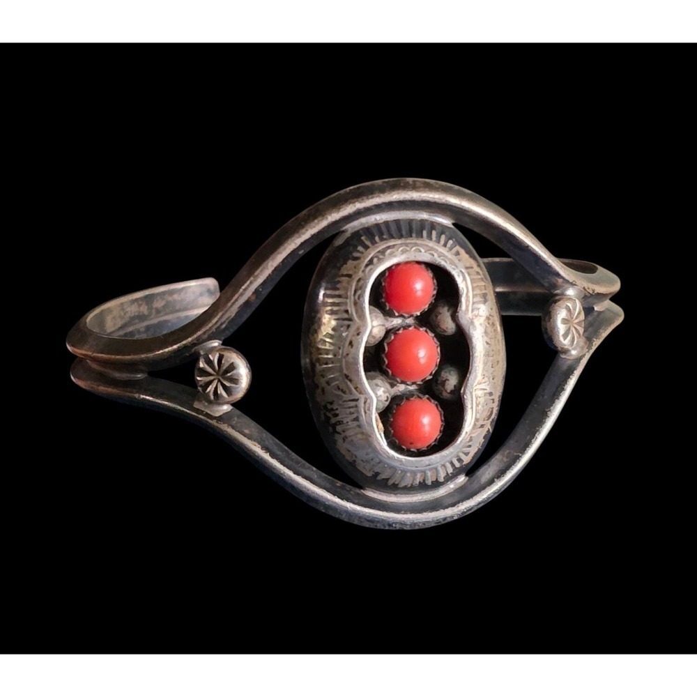 Vintage Southwest Triple Coral Shadow Box Cuff Bracelet Sterling Silver 925